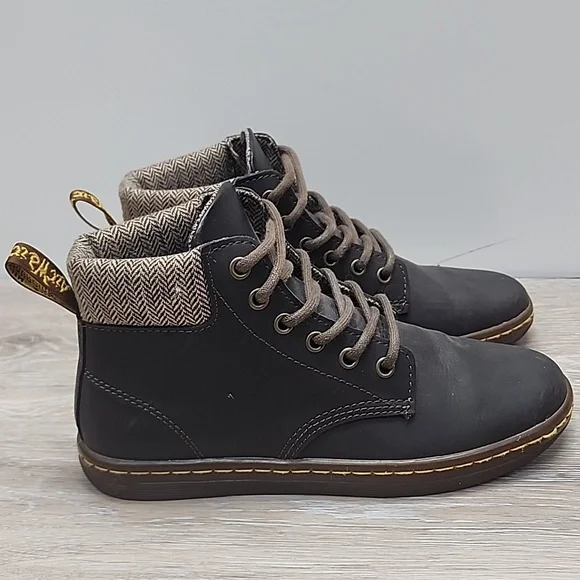 ​Dr. Martens Women Maelly Dark Brown Leather Boots w/Herringbone Tweed Cuff 6 - Picture 2 of 12
